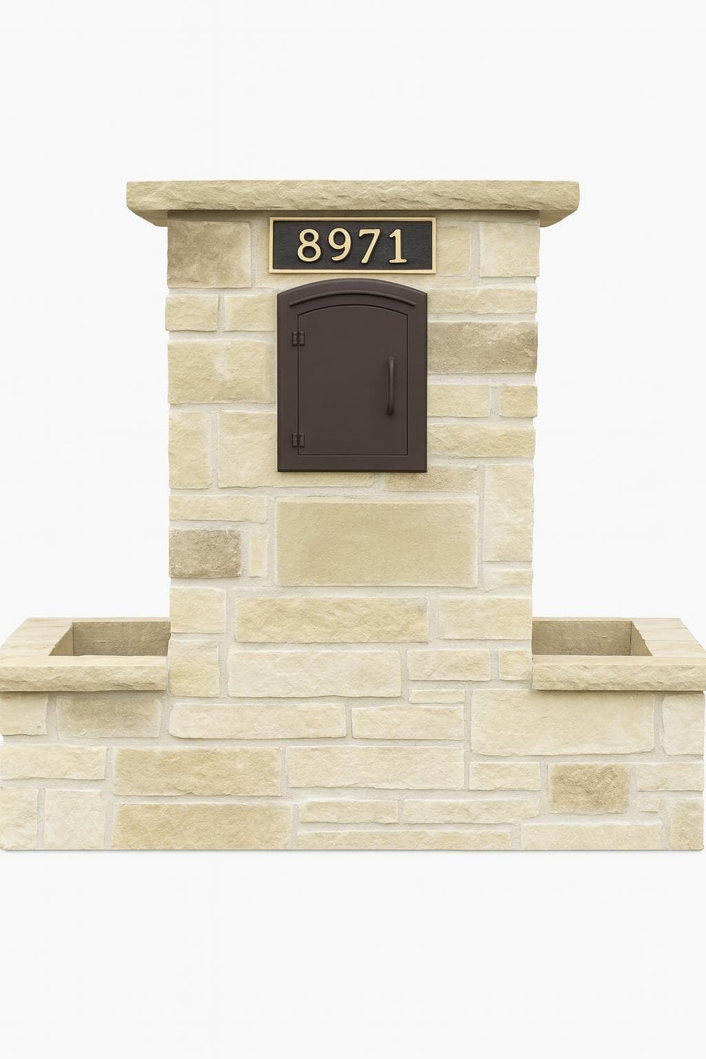 Stone mailbox column with matching planters